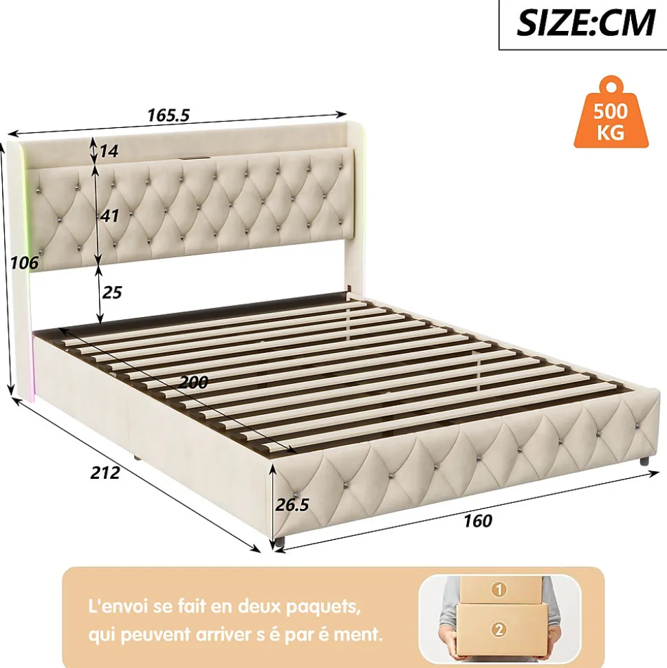 Lit Coffre 160x200 cm, avec LED et USB, Lit Double Rembourre, avec Rangement, Tete de Lit, Velours, Beige