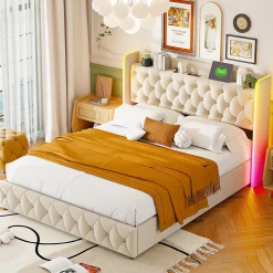 Lit Coffre 160x200 cm, avec LED et USB, Lit Double Rembourre, avec Rangement, Tete de Lit, Velours, Beige