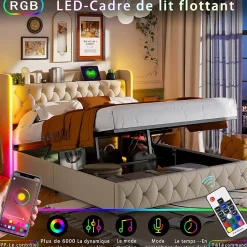 Lit Coffre 160x200 cm, avec LED et USB, Lit Double Rembourre, avec Rangement, Tete de Lit, Velours, Beige