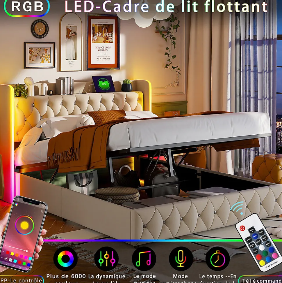 Lit Coffre 160x200 cm, avec LED et USB, Lit Double Rembourre, avec Rangement, Tete de Lit, Velours, Beige