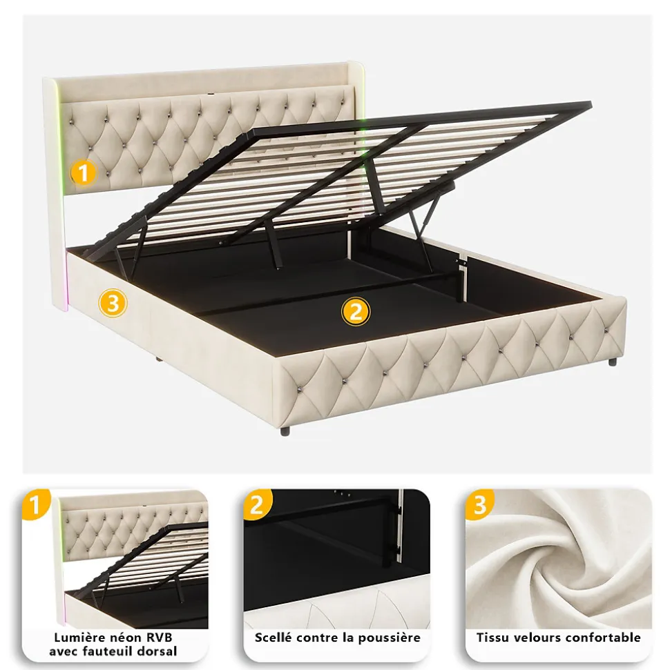 Lit Coffre 160x200 cm, avec LED et USB, Lit Double Rembourre, avec Rangement, Tete de Lit, Velours, Beige