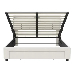 Lit coffre 140x200 cm avec LED, sommier à lattes, USB Type-C, capitonné velours blanc