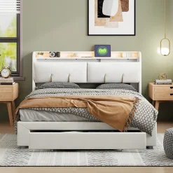 Lit coffre 140x200 cm avec LED, sommier à lattes, USB Type-C, capitonné velours blanc