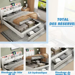 Lit Coffre 140x200 Cm Avec LED, Sommier à Lattes, USB Type-c, Capitonné Velours Blanc