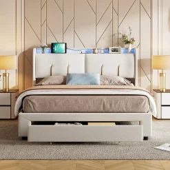 Lit Coffre 140x200 Cm Avec LED, Sommier à Lattes, USB Type-c, Capitonné Velours Blanc