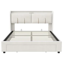 Lit Coffre 140x200 Cm Avec LED, Sommier à Lattes, USB Type-c, Capitonné Velours Blanc