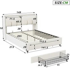 Lit Coffre 140x200 Cm Avec LED, Sommier à Lattes, USB Type-c, Capitonné Velours Blanc