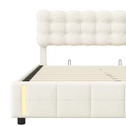 Lit coffre 160x200 cm avec rangement, capitonné velours beige, sommier LED, lattes