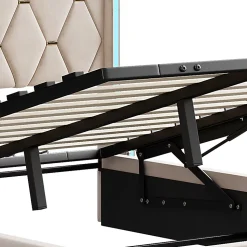 Lit Coffre 140x200 cm avec Rangement et LED, Cadre de lit avec Sommier à Lattes, Velours, Beige