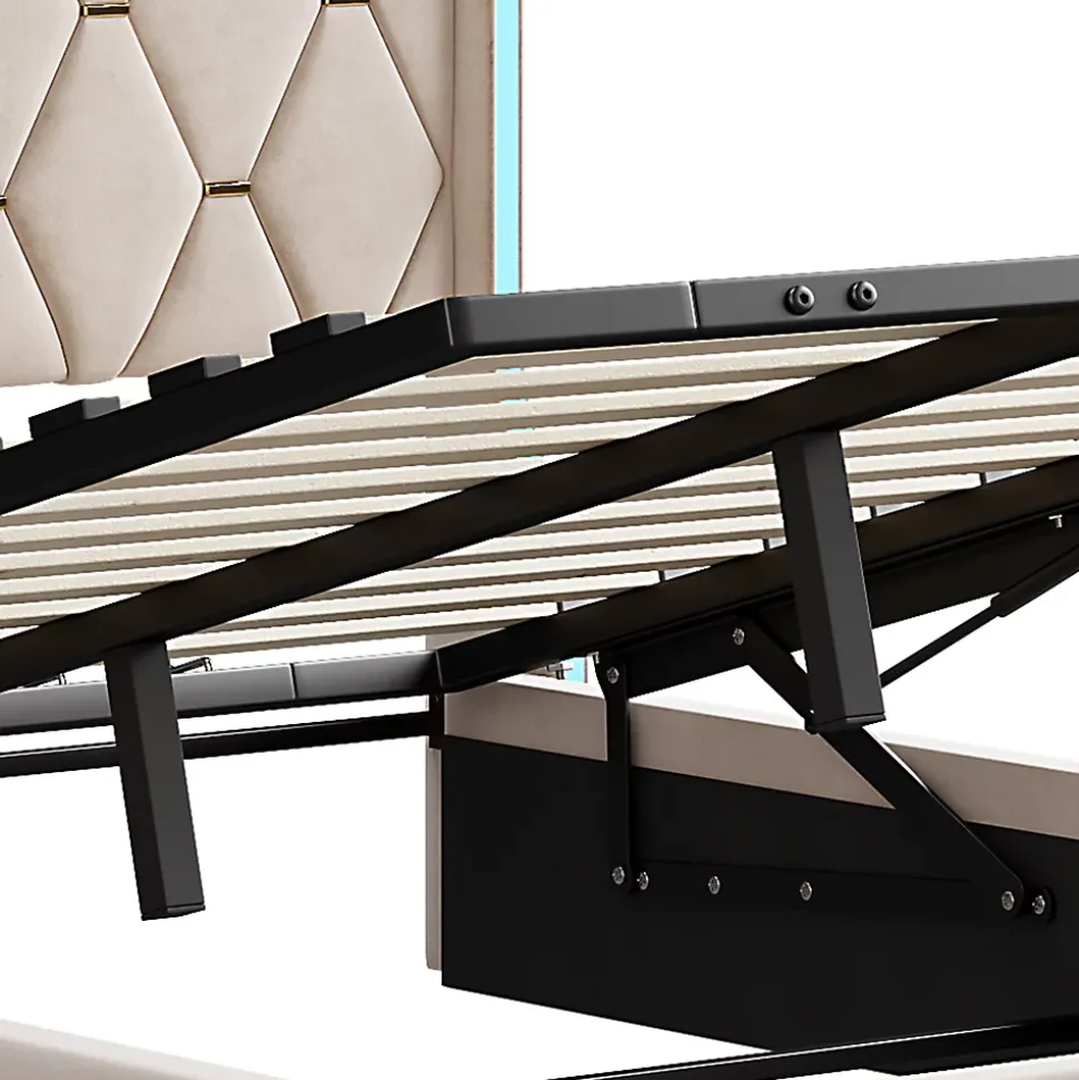 Lit Coffre 140x200 cm avec Rangement et LED, Cadre de lit avec Sommier à Lattes, Velours, Beige