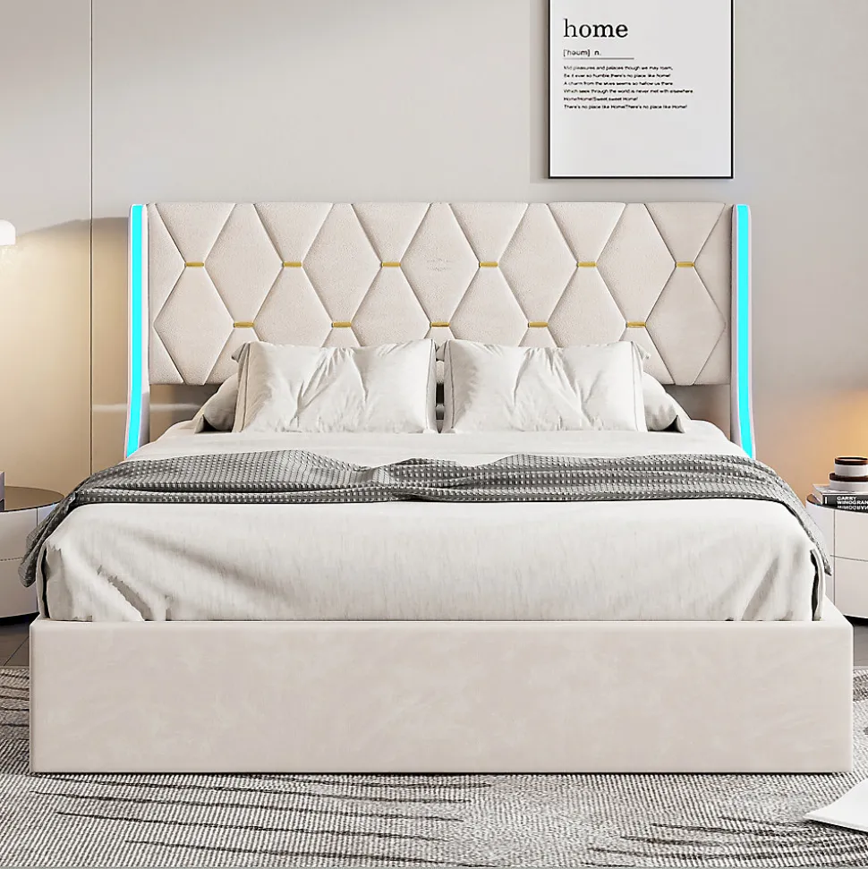 Lit Coffre 140x200 cm avec Rangement et LED, Cadre de lit avec Sommier à Lattes, Velours, Beige