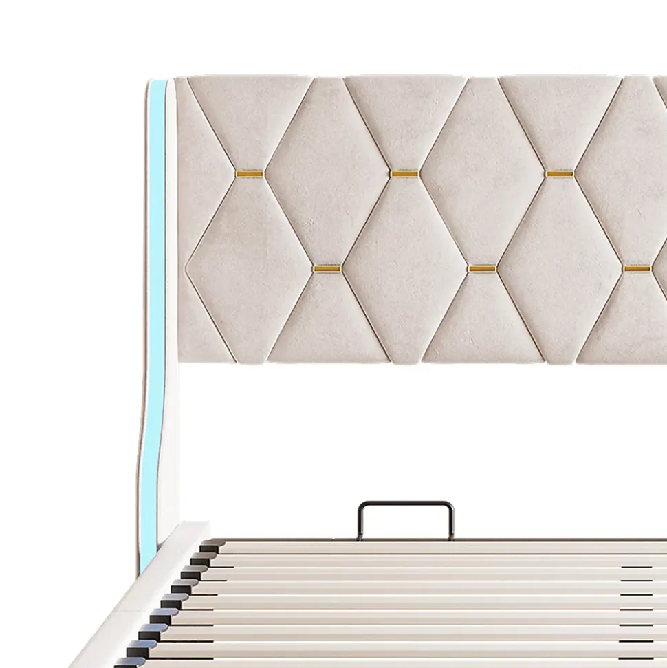 Lit Coffre 140x200 cm avec Rangement et LED, Cadre de lit avec Sommier à Lattes, Velours, Beige