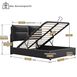 Lit Coffre 140x200 cm avec Rangement, Lit Double Adulte avec Tête Réglable et Sommier en Velours - Noir, Sans Matelas