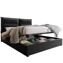 Lit Coffre 140x200 cm avec Rangement, Lit Double Adulte avec Tête Réglable et Sommier en Velours - Noir, Sans Matelas