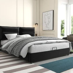 Lit Coffre 140x200 cm avec Rangement, Lit Double Adulte avec Tête Réglable et Sommier en Velours - Noir, Sans Matelas