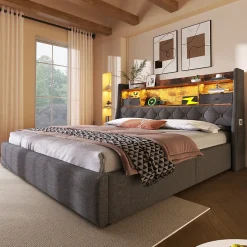Lit coffre 140x200 cm avec rangement et tête de lit LED, ports USB et Type-C intégrés - lit double capitonné gris