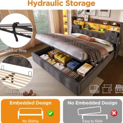 Lit coffre 140x200 cm avec rangement et tête de lit LED, ports USB et Type-C intégrés - lit double capitonné gris