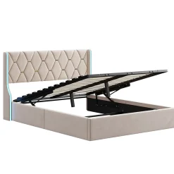 Lit Coffre 160x200 cm avec Rangement et LED,Cadre de lit avec sommier à Lattes,Velours,Beige