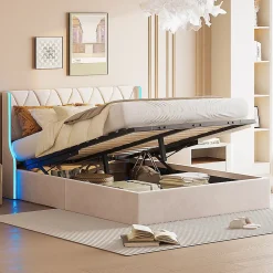 Lit Coffre 160x200 cm avec Rangement et LED,Cadre de lit avec sommier à Lattes,Velours,Beige