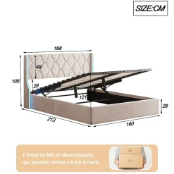 Lit Coffre 160x200 cm avec Rangement et LED,Cadre de lit avec sommier à Lattes,Velours,Beige