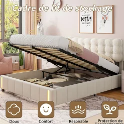 Lit coffre 140x200 cm avec rangement, capitonné velours beige, sommier LED, lattes