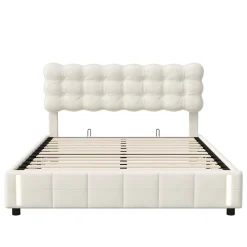 Lit coffre 140x200 cm avec rangement, capitonné velours beige, sommier LED, lattes