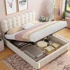 Lit coffre 140x200 cm avec rangement, capitonné velours beige, sommier LED, lattes