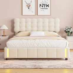 Lit coffre 140x200 cm avec rangement, capitonné velours beige, sommier LED, lattes