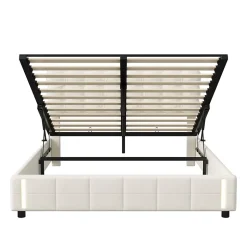 Lit coffre 140x200 cm avec rangement, capitonné velours beige, sommier LED, lattes
