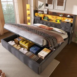 Lit coffre 180x200 cm avec rangement et tête de lit LED, ports USB et Type-C intégrés - lit double capitonné gris