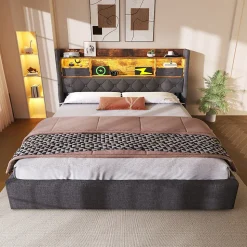 Lit coffre 180x200 cm avec rangement et tête de lit LED, ports USB et Type-C intégrés - lit double capitonné gris