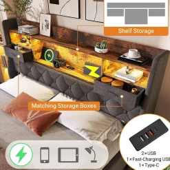 Lit coffre 180x200 cm avec rangement et tête de lit LED, ports USB et Type-C intégrés - lit double capitonné gris