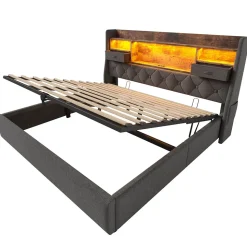 Lit coffre 180x200 cm avec rangement et tête de lit LED, ports USB et Type-C intégrés - lit double capitonné gris