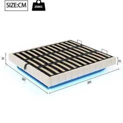 Lit Coffre 180x200 cm avec Sommier Relevable - Lit Double avec Rangement et Bande LED Intégrée - Tissu Beige - Sans Matelas