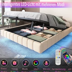 Lit Coffre 180x200 cm avec Sommier Relevable - Lit Double avec Rangement et Bande LED Intégrée - Tissu Beige - Sans Matelas