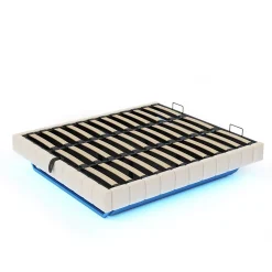 Lit Coffre 180x200 cm avec Sommier Relevable - Lit Double avec Rangement et Bande LED Intégrée - Tissu Beige - Sans Matelas