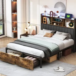 Lit Coffre 160x200 cm avec sommier à lattes, LED, 2 tiroirs, tête de lit capitonnée en PU, cadre métallique robuste