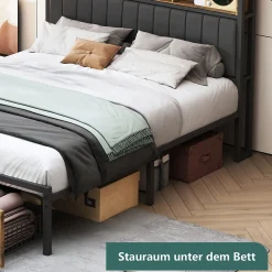 Lit Coffre 160x200 cm avec sommier à lattes, LED, 2 tiroirs, tête de lit capitonnée en PU, cadre métallique robuste