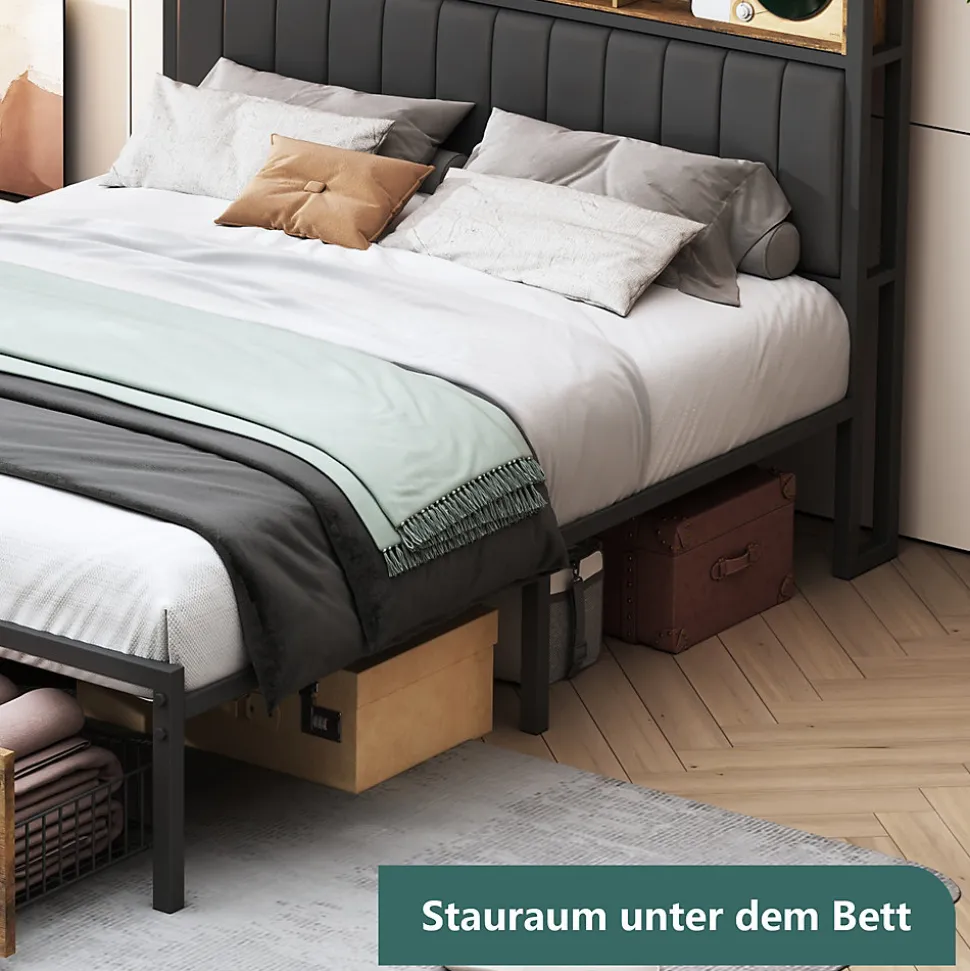 Lit Coffre 160x200 cm avec sommier à lattes, LED, 2 tiroirs, tête de lit capitonnée en PU, cadre métallique robuste