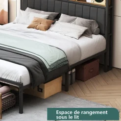 Lit Coffre 160x200 cm avec sommier à lattes, LED, 2 tiroirs, tête de lit capitonnée en PU, cadre métallique robuste