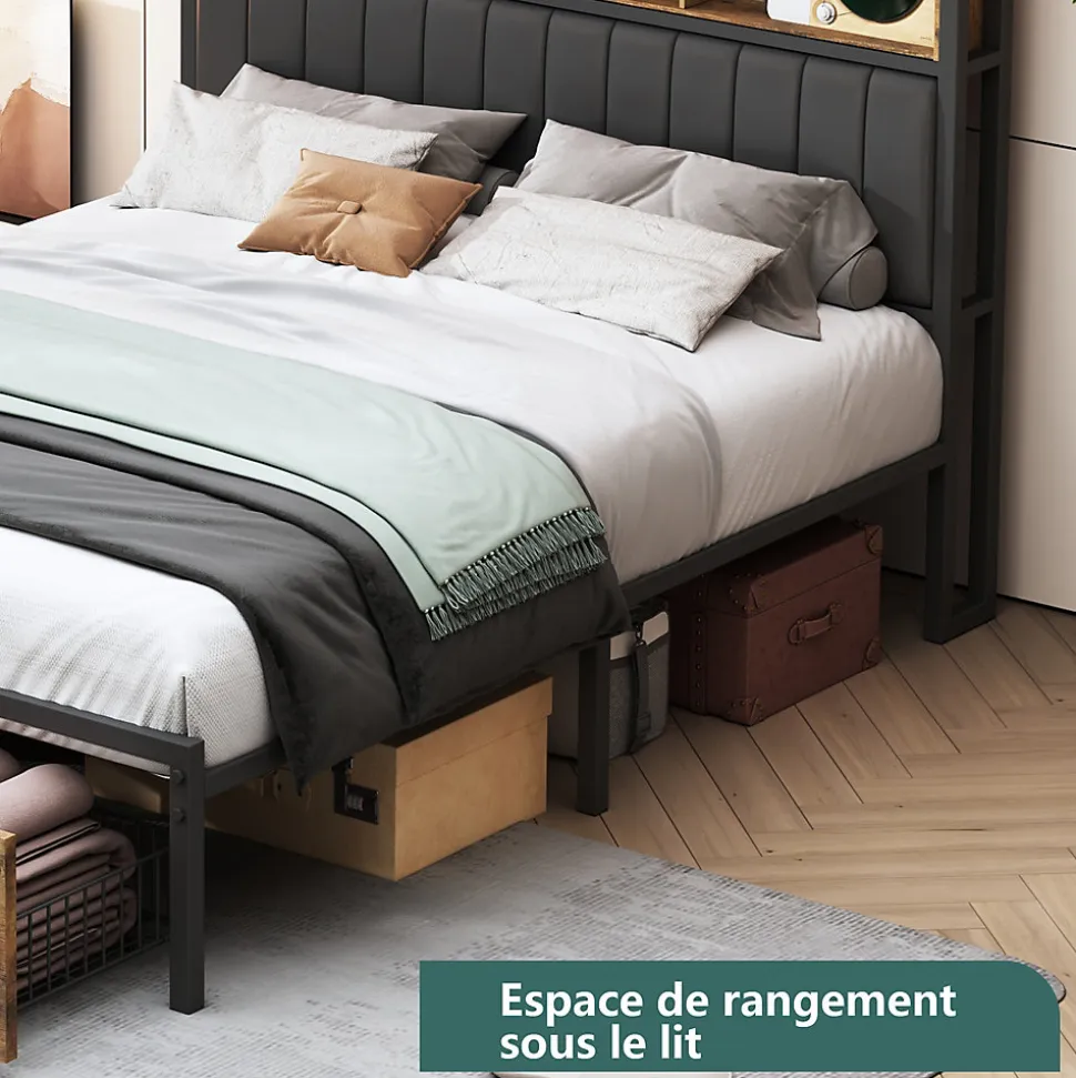 Lit Coffre 160x200 cm avec sommier à lattes, LED, 2 tiroirs, tête de lit capitonnée en PU, cadre métallique robuste