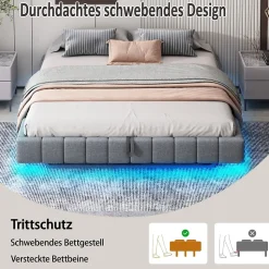 Lit Coffre 140x200 cm avec Sommier Relevable - Lit Double avec Rangement et Bande LED Intégrée - Tissu Gris - Sans Matelas