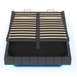 Lit Coffre 140x200 cm avec Sommier Relevable - Lit Double avec Rangement et Bande LED Intégrée - Tissu Gris - Sans Matelas