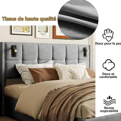 Lit coffre 160x200 cm avec sommier à lattes, lit rembourré avec port USB et Type-C, LED, velours, gris