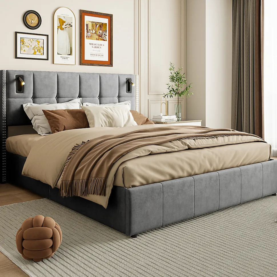 Lit coffre 160x200 cm avec sommier à lattes, lit rembourré avec port USB et Type-C, LED, velours, gris