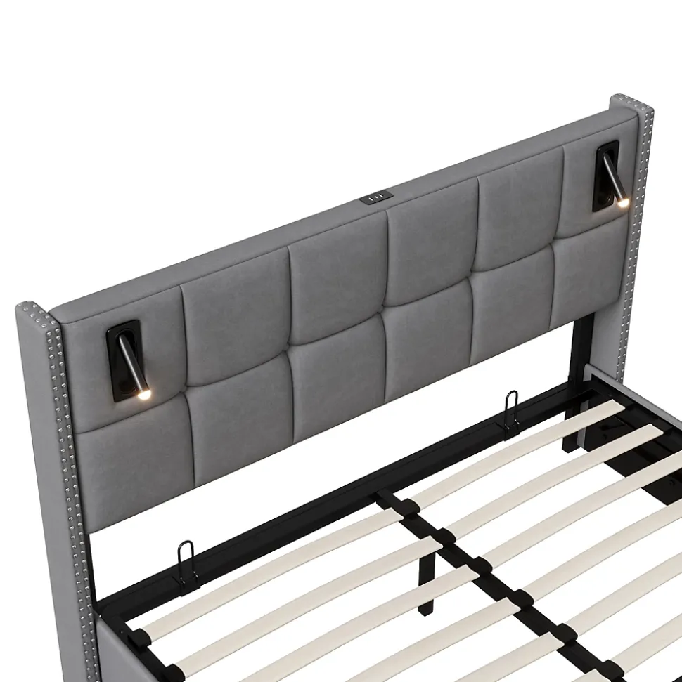 Lit coffre 160x200 cm avec sommier à lattes, lit rembourré avec port USB et Type-C, LED, velours, gris
