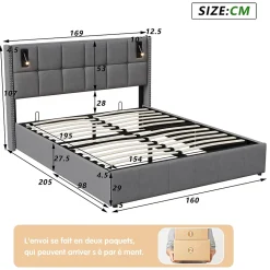 Lit coffre 160x200 cm avec sommier à lattes, lit rembourré avec port USB et Type-C, LED, velours, gris