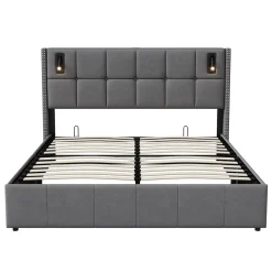 Lit coffre 160x200 cm avec sommier à lattes, lit rembourré avec port USB et Type-C, LED, velours, gris