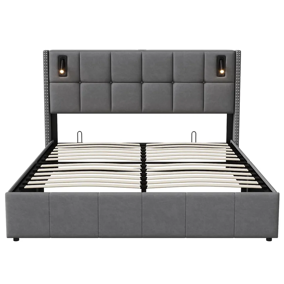 Lit coffre 160x200 cm avec sommier à lattes, lit rembourré avec port USB et Type-C, LED, velours, gris