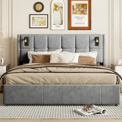 Lit coffre 160x200 cm avec sommier à lattes, lit rembourré avec port USB et Type-C, LED, velours, gris